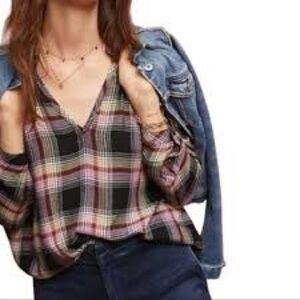 Anthropologie Cloth & Stone Plaid V-Neck Blouse